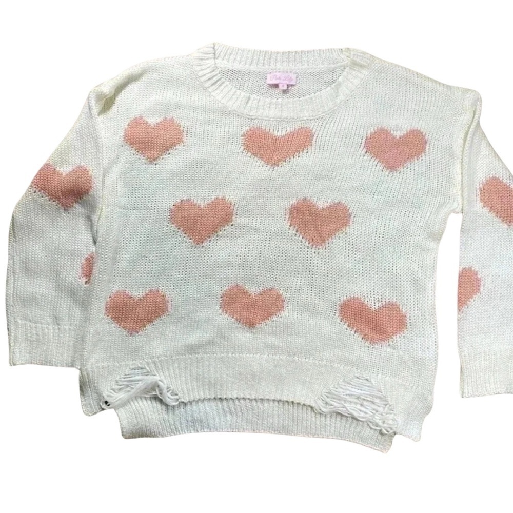 PinkLily Grunge Barbircore White DistressedKnit w/Pinkheart Valentine SweaterSZM
